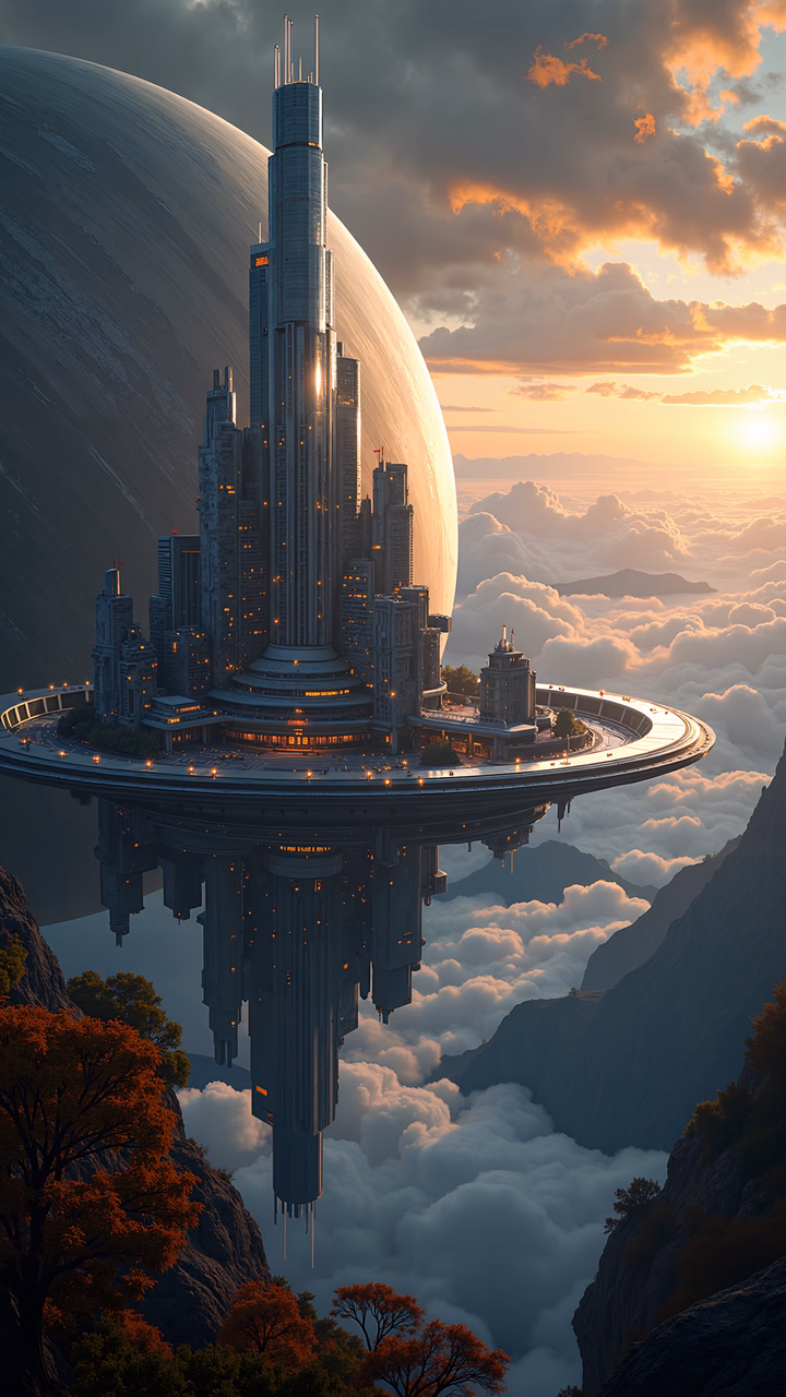 A stunning floating cityscape with modern skyscrapers and a vibrant sunset sky.