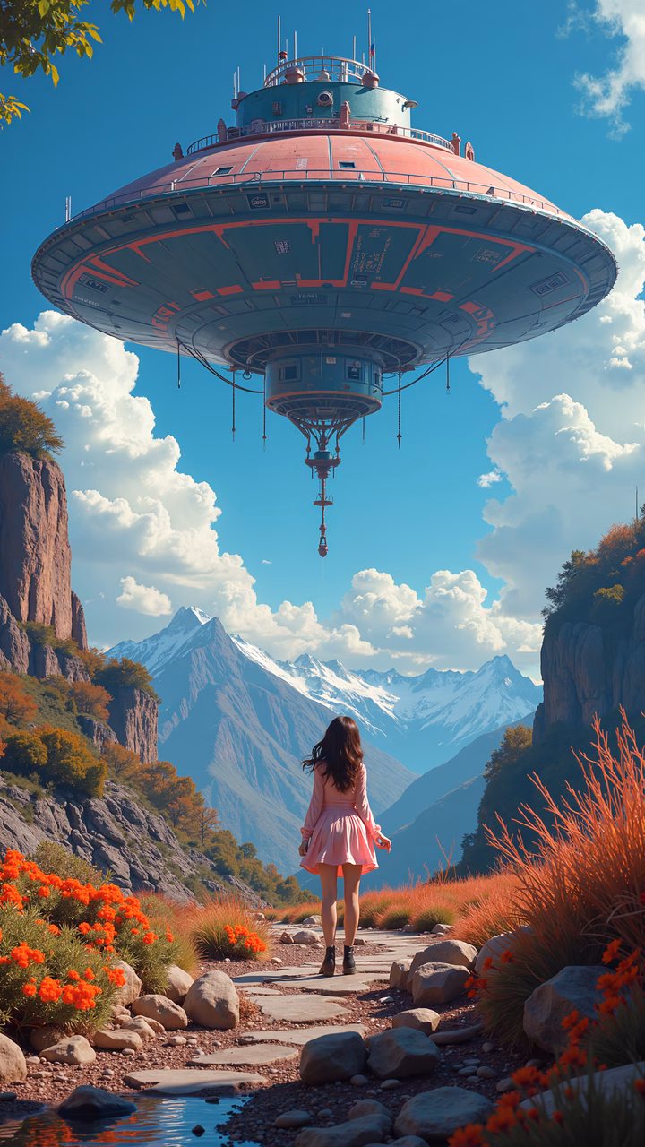 Futuristic spaceship hovering over a tranquil autumn landscape with a woman in a pink dress.