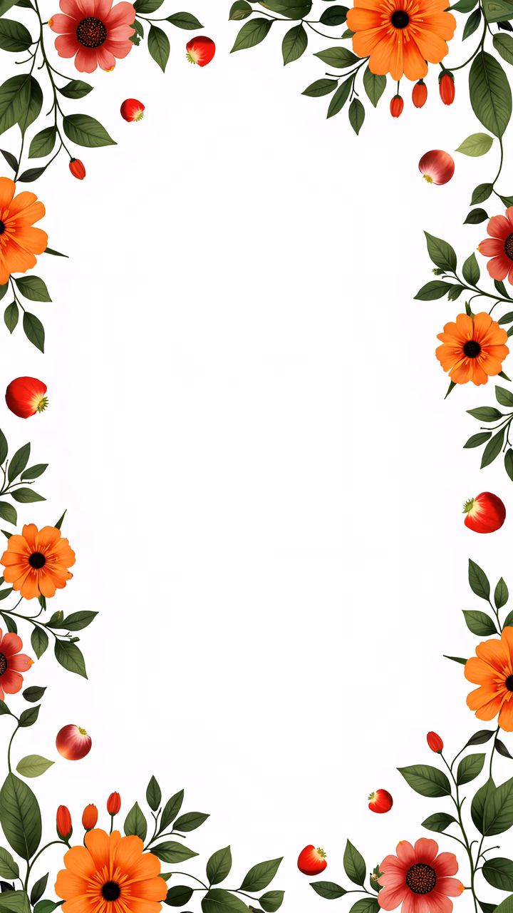 Vibrant floral frame with orange flowers and green leaves on a white background.