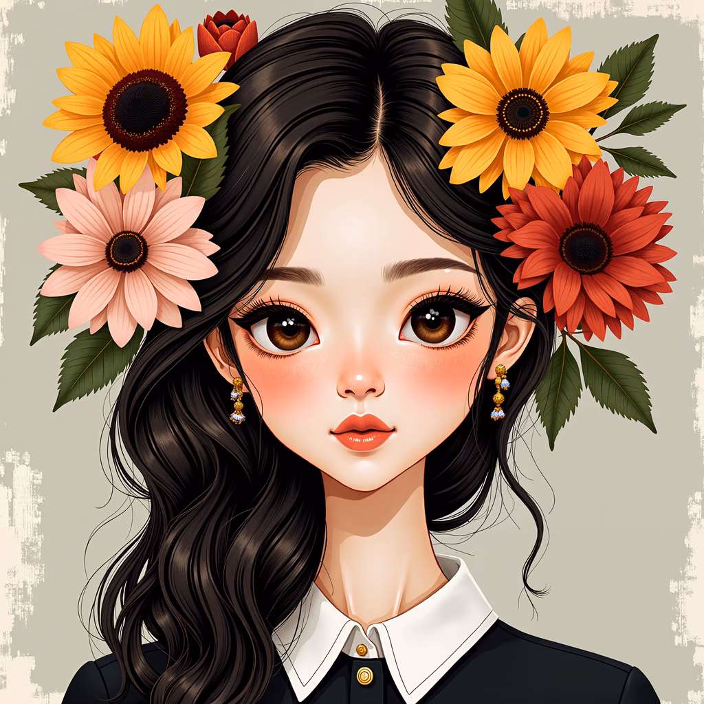 A serene floral portrait featuring a young woman with sunflowers in her hair, rendered in soft pastel colors.