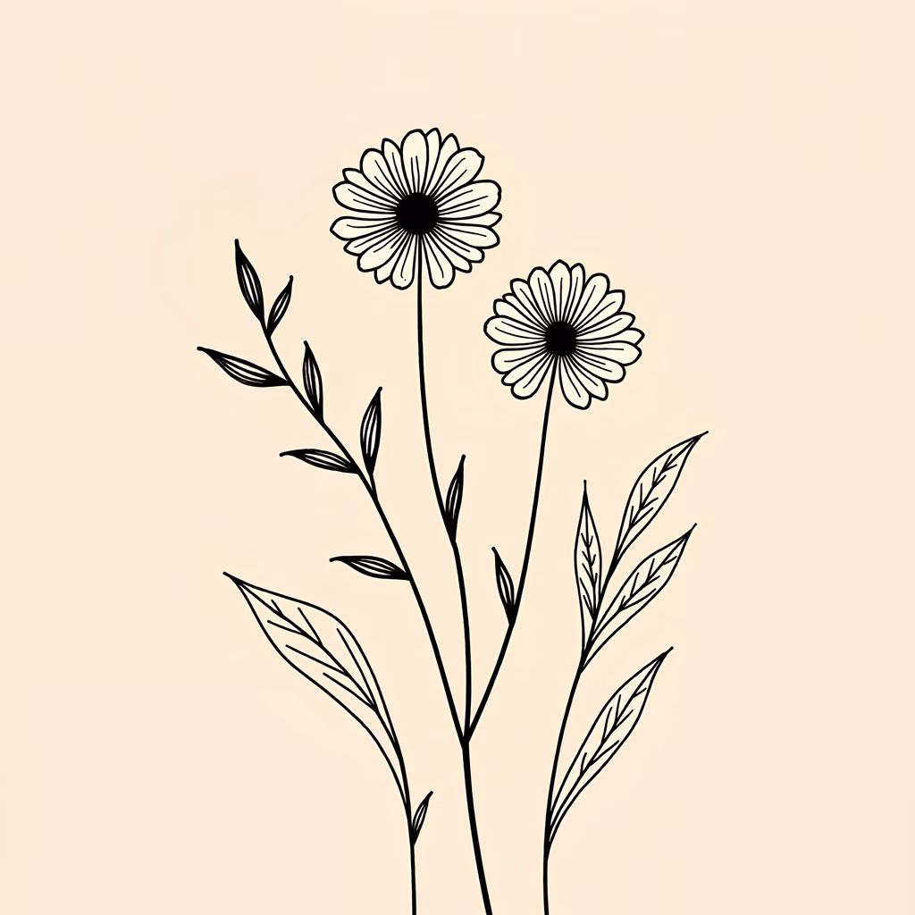 Elegant floral sketch with daisies and soft beige background.