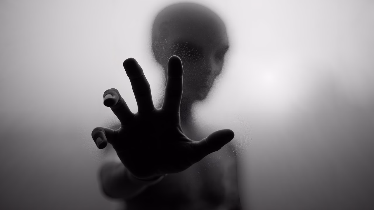 Mysterious hand reaching through fog, evoking mystery and isolation.