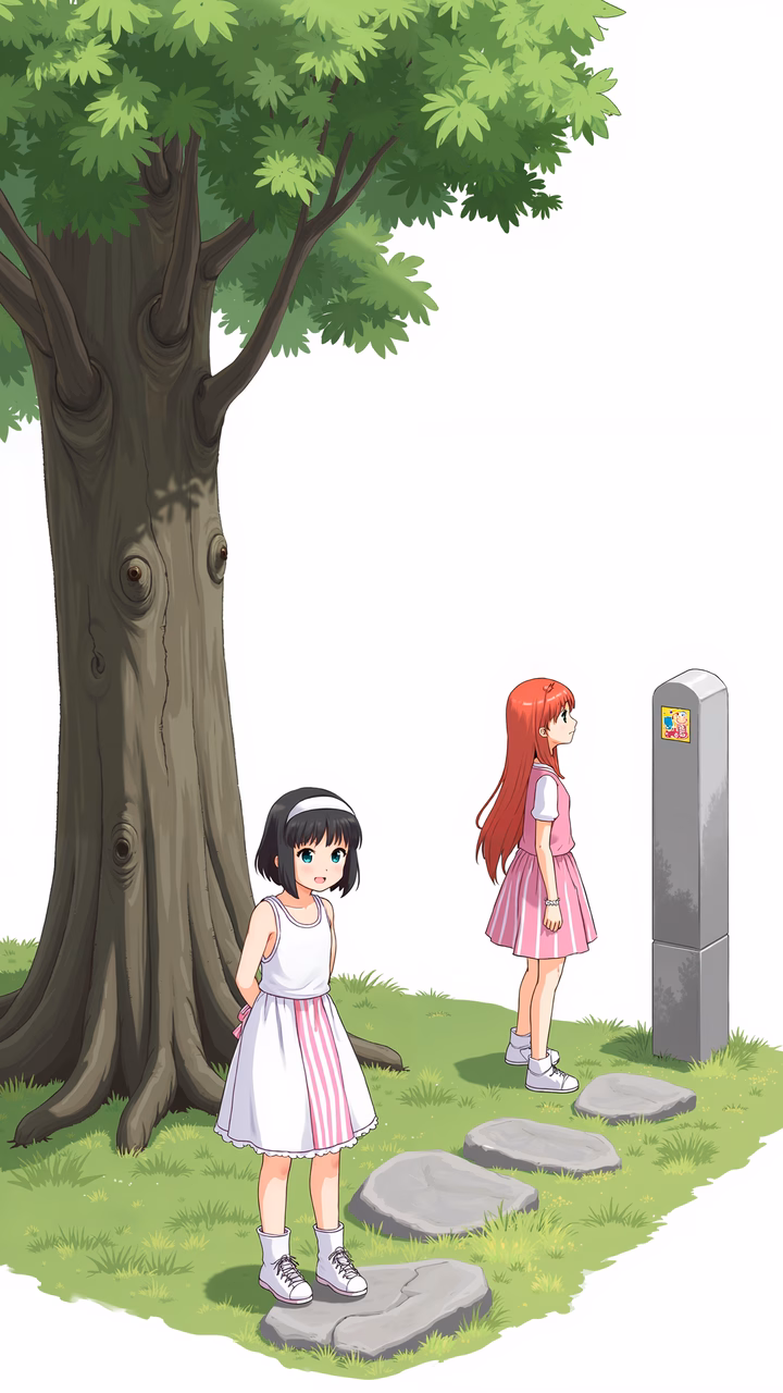 Two curious children in a peaceful forest setting explore their surroundings.