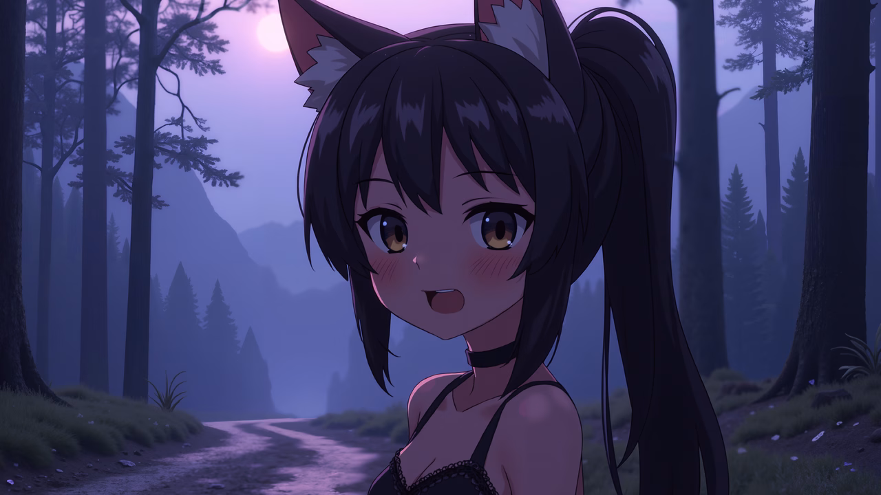 A cute anime girl with fox ears in a mystical forest at dusk.