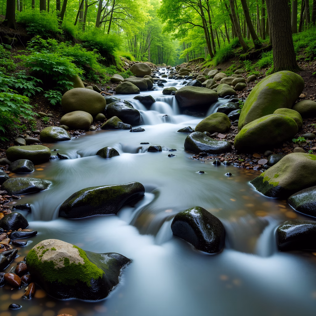 A tranquil forest stream surrounded by vibrant greenery and moss-covered rocks.