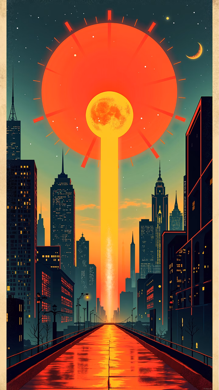 Futuristic cityscape with glowing sun and moon, modern architecture, urban art