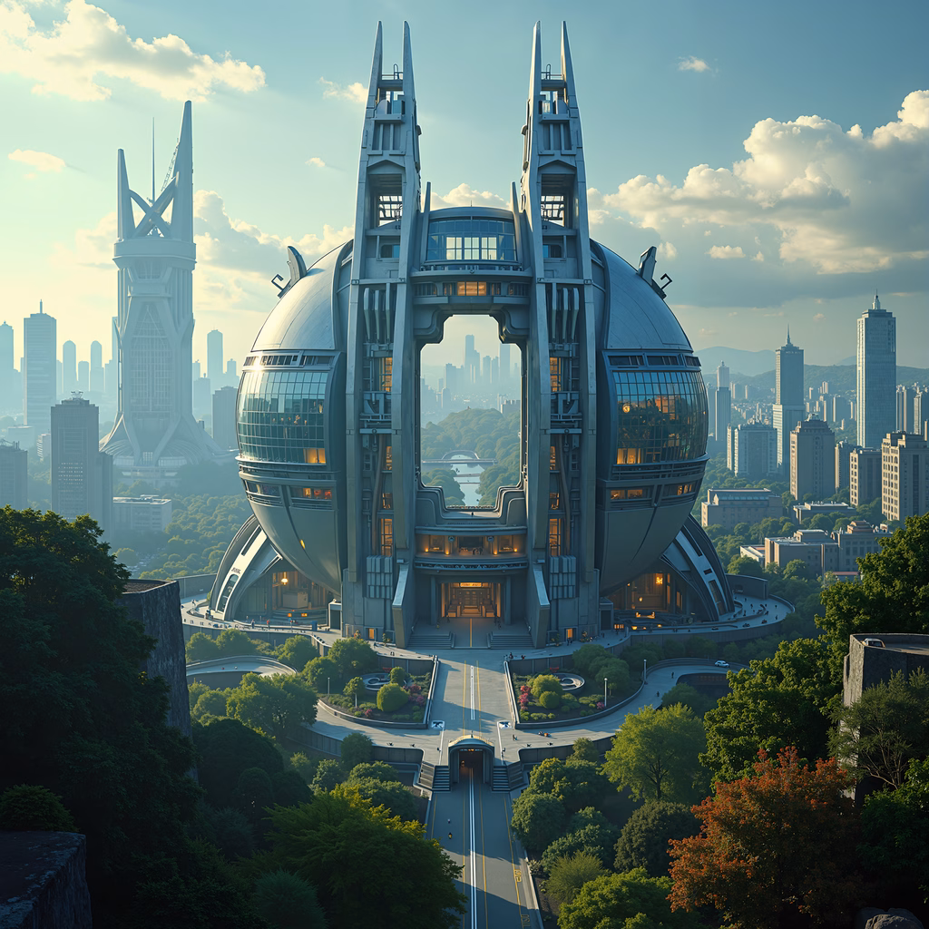 Futuristic cityscape with sleek metallic structures and lush greenery under a golden sunset.