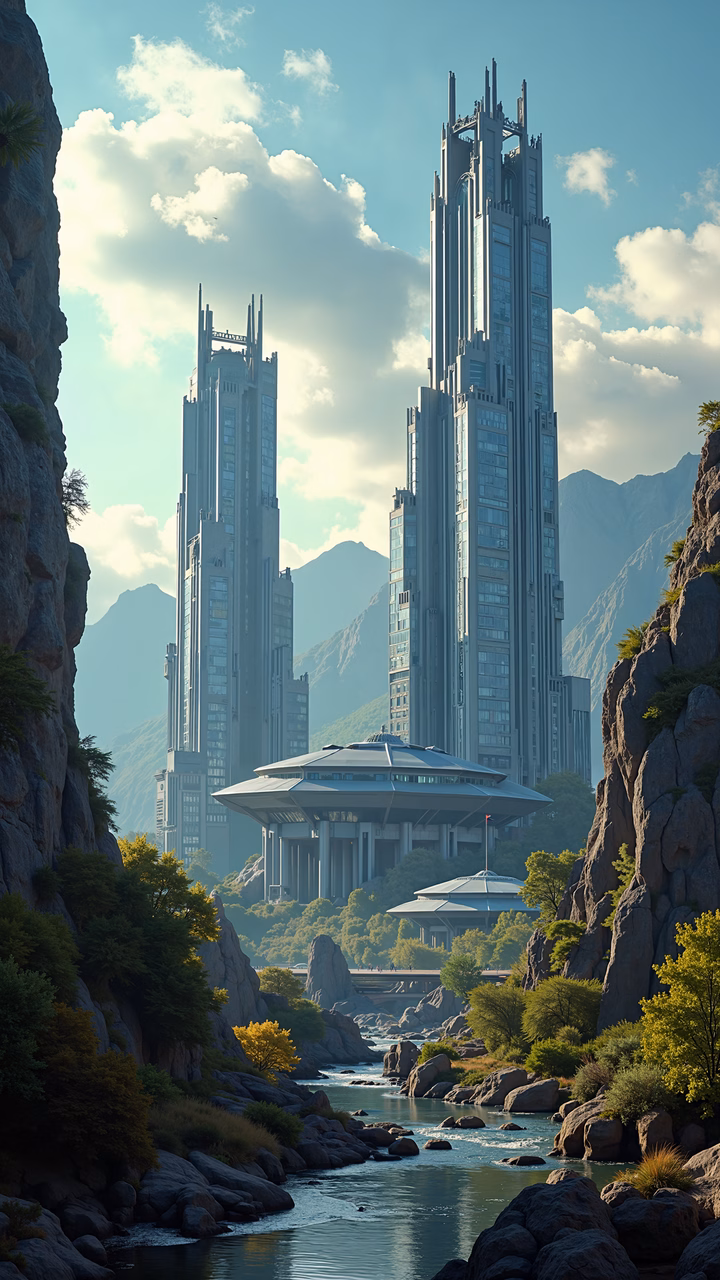 A tranquil futuristic cityscape blending modern architecture with nature.