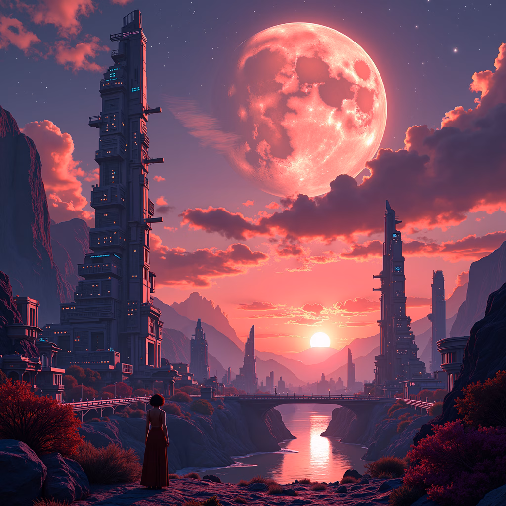 A futuristic city under a pink moon, featuring skyscrapers and a solitary figure.