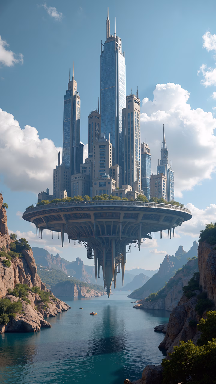 A futuristic floating city suspended over a tranquil landscape, blending nature and technology.