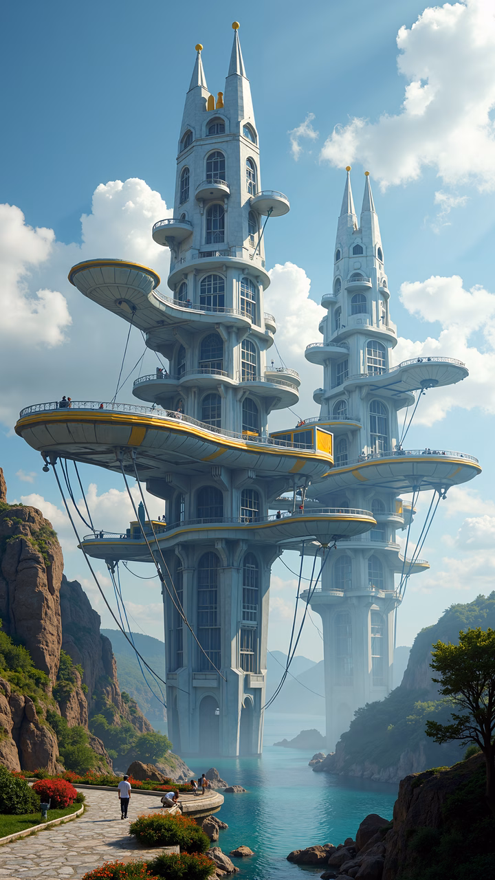 Futuristic floating towers amidst a tranquil coastal setting, blending modern architecture with nature.