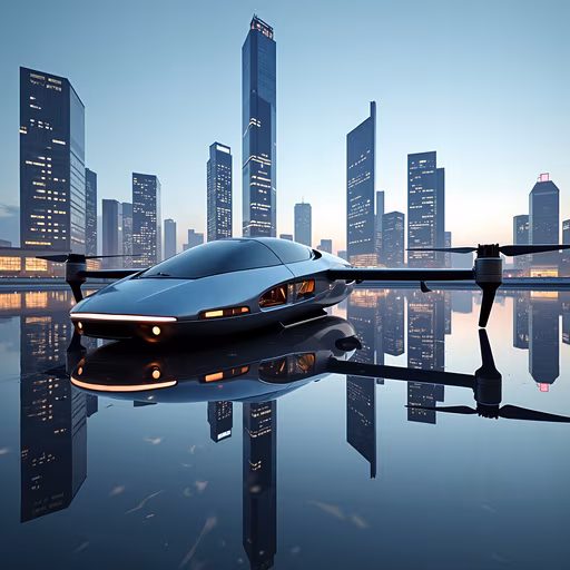 Futuristic Hovercraft in Urban Reflection