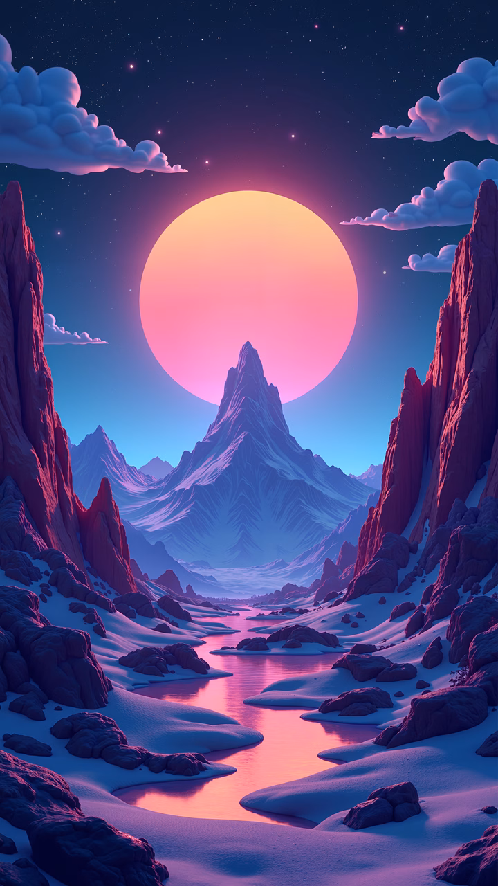 Futuristic landscape with glowing sun and cool-toned mountains.