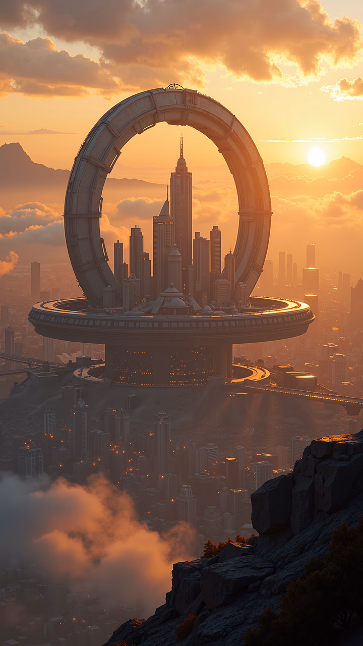 A futuristic portal in a sunset-lit cityscape, blending modern architecture with nature.