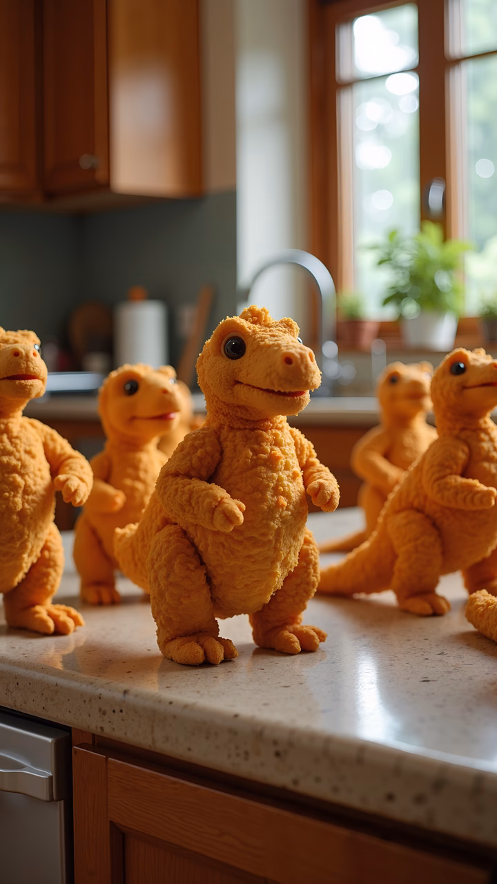 Fuzzy dinosaurs in a cozy kitchen setting