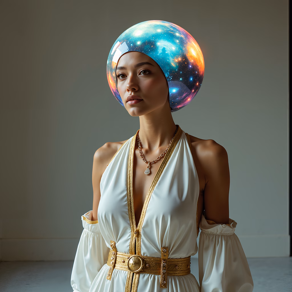 A celestial woman in a classical Greek-inspired gown, blending ancient elegance with modern cosmic imagery.