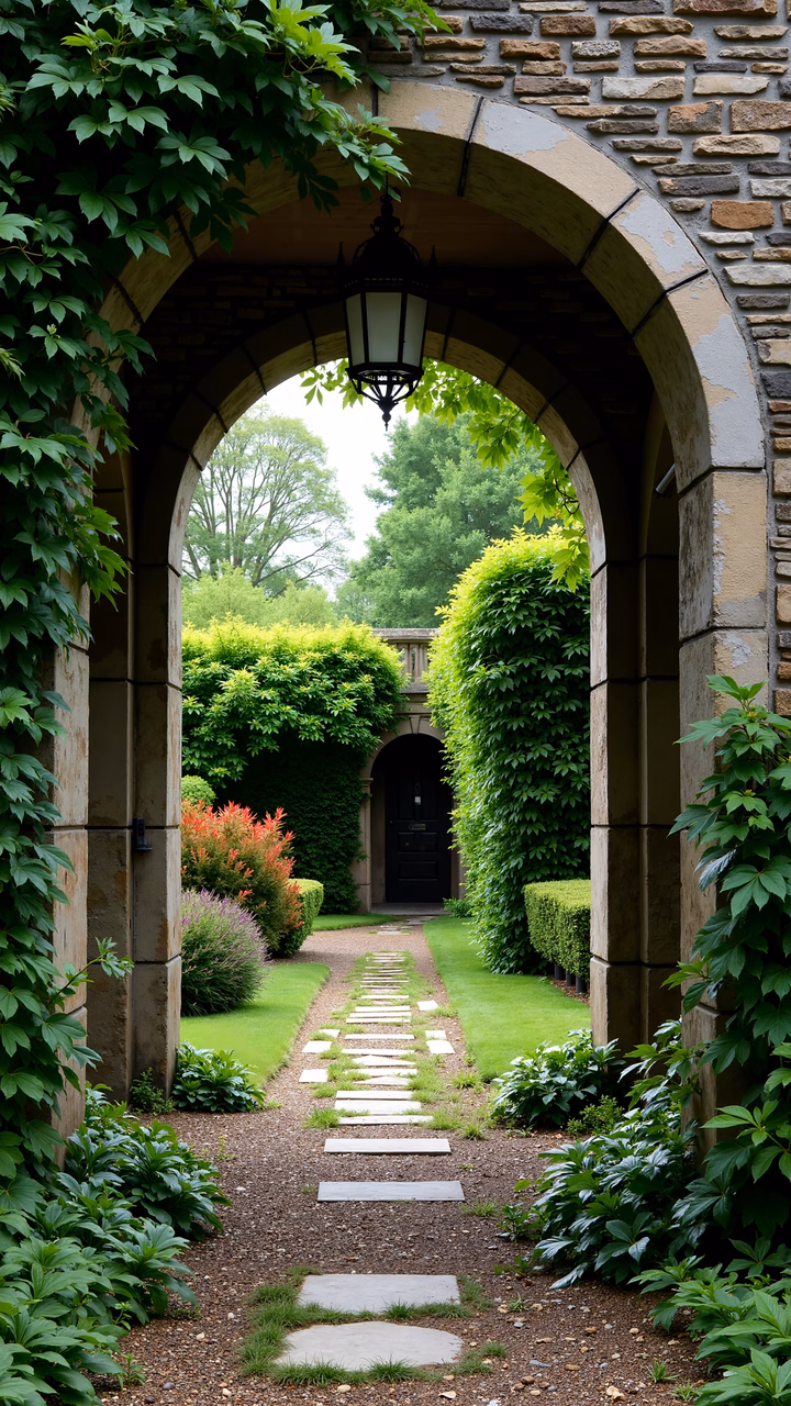 A picturesque garden archway with lush greenery and vibrant red flowers, evoking peace and tranquility.