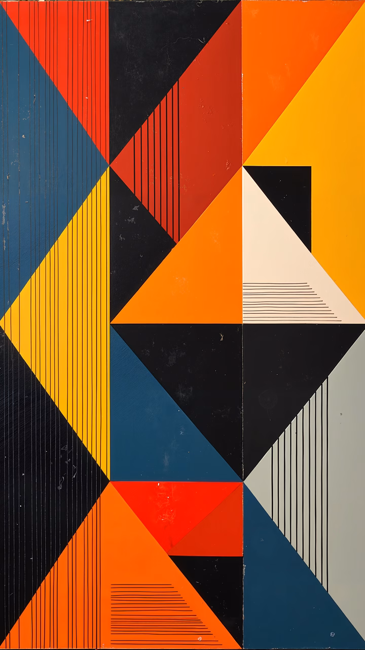 Bold geometric abstraction with contrasting colors and dynamic lines.