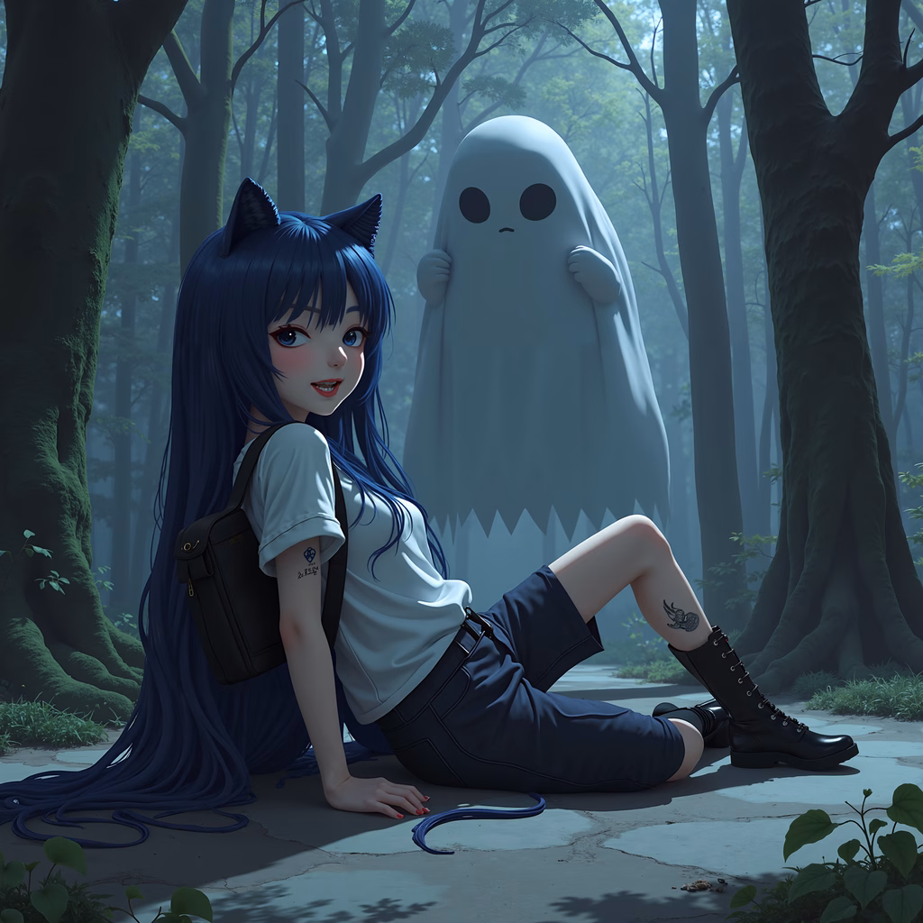 A ghostly encounter in a misty forest, blending fantasy and mystery.
