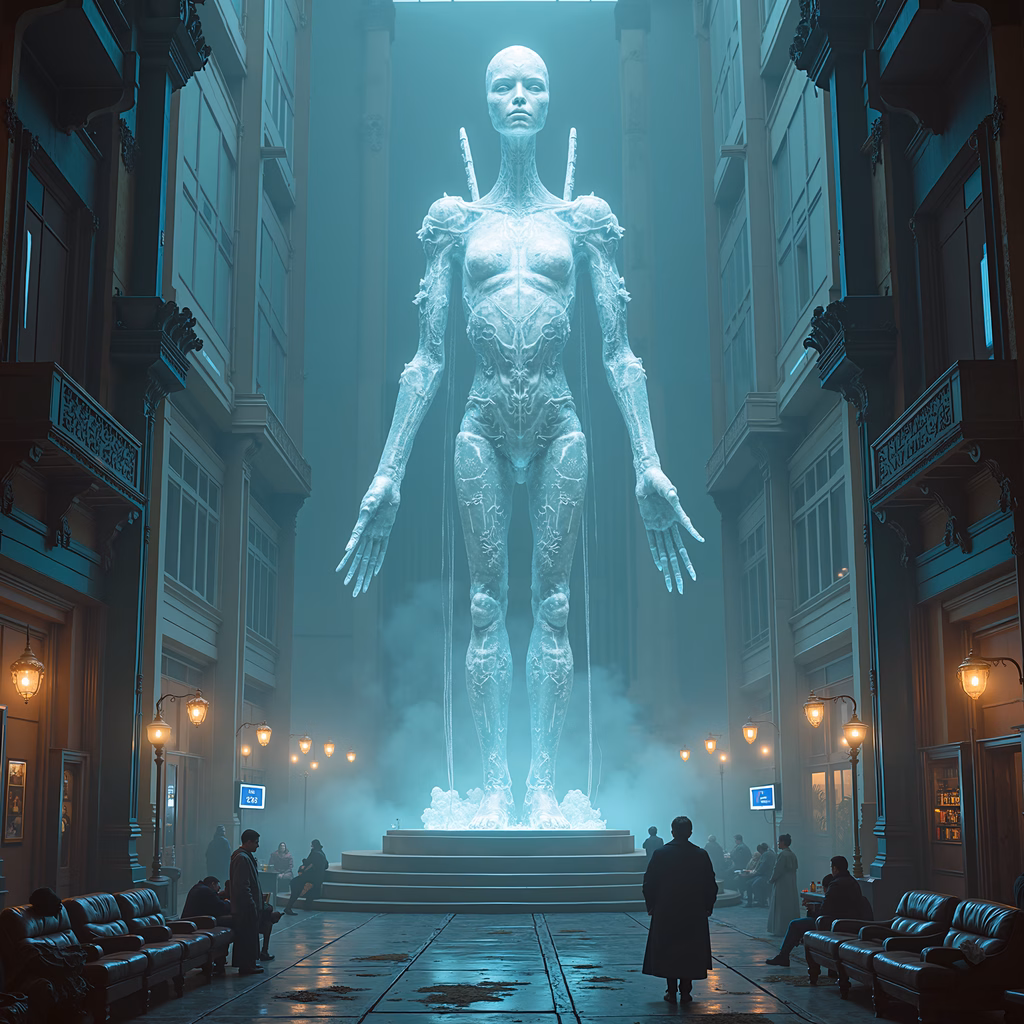 A colossal, ethereal statue in a foggy urban plaza, surrounded by small figures sitting on benches.