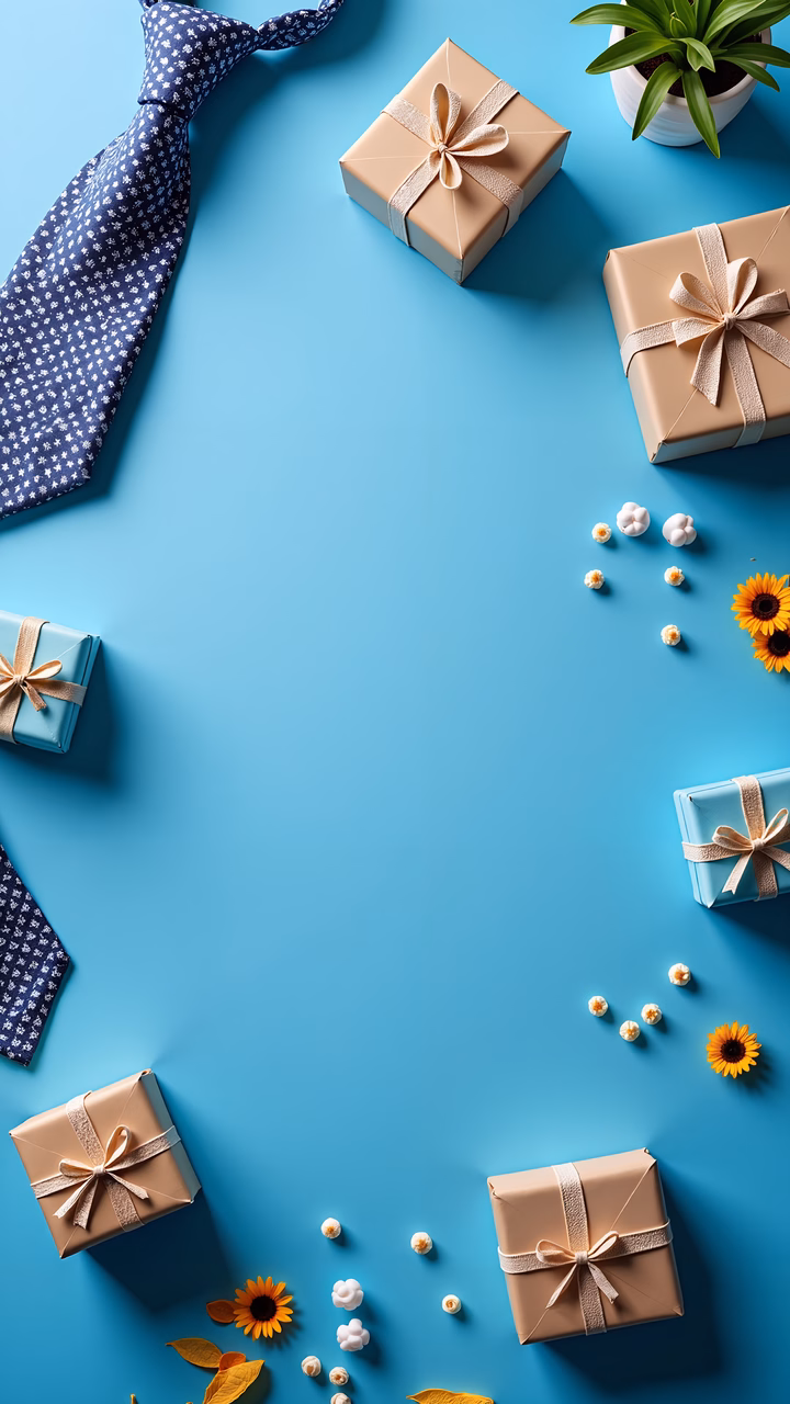 Neutral-toned gifts on a vibrant blue background, celebrating joy and festivity.