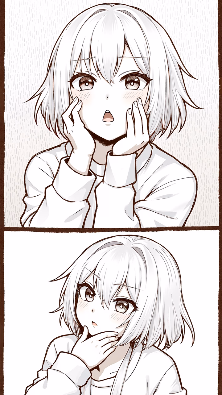 A surprised girl covering her mouth in a detailed anime illustration.