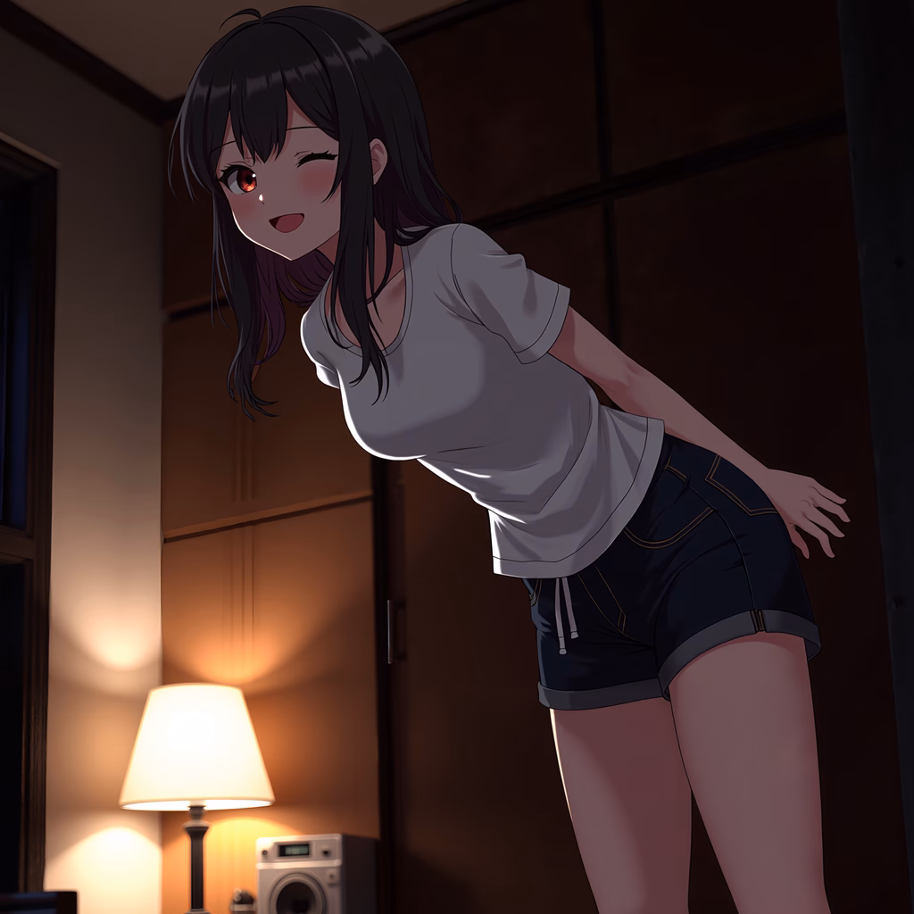 A playful girl in casual clothes in a cozy, warmly lit room.