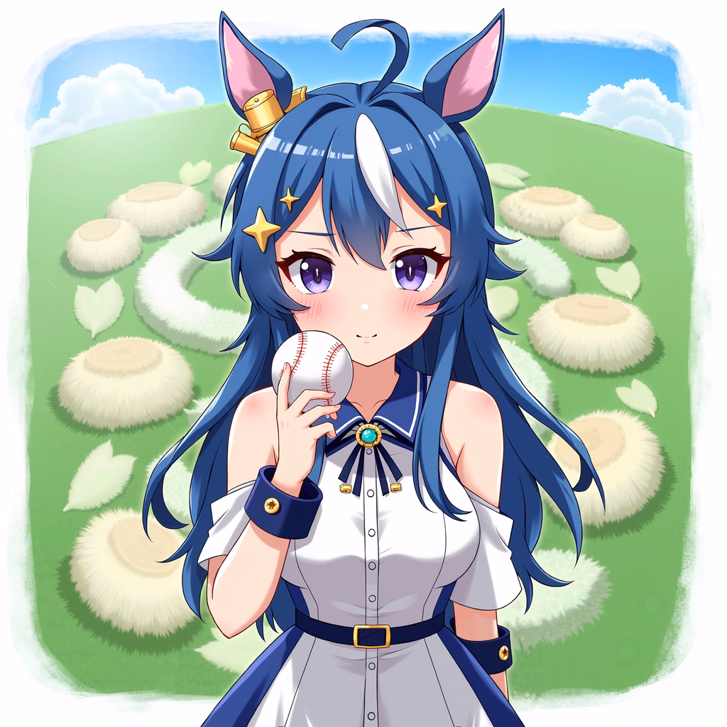 A cute anime girl holding a baseball in a picturesque setting.