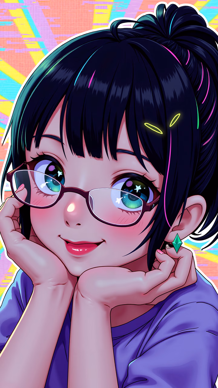 Vibrant anime girl with glasses and neon background