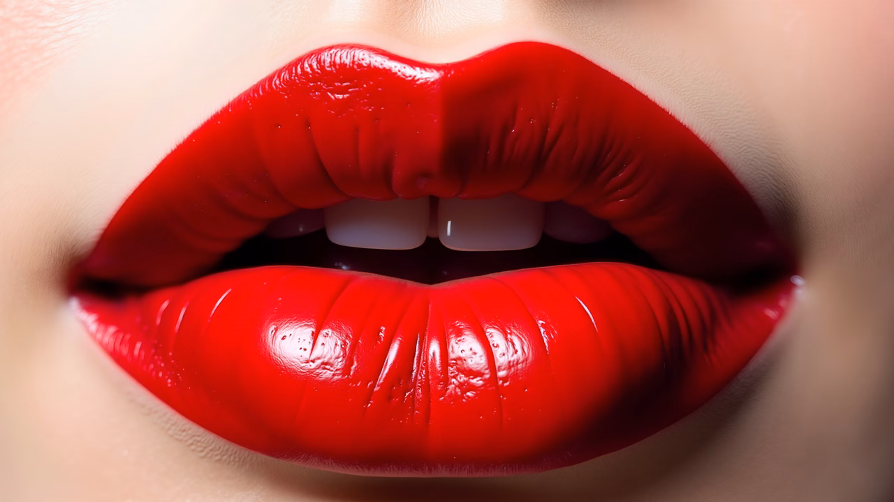 Close-up illustration of glossy red lips, emphasizing texture and seduction.