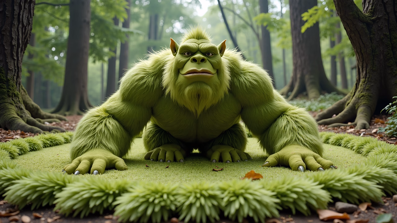 Mysterious green beast resting in a tranquil forest setting.
