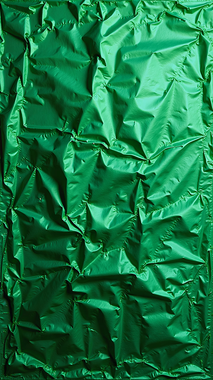 Close-up of crumpled green fabric with glossy texture and vibrant hues.