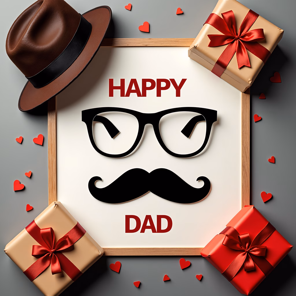A festive Father's Day illustration featuring a fedora, glasses, and mustache with hearts and gifts.