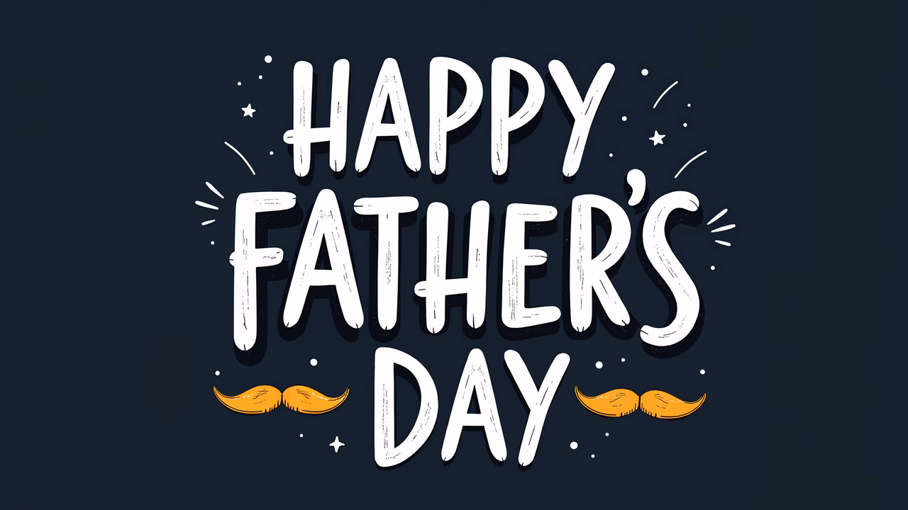 Hand-drawn lettering celebrating Father's Day with golden mustaches on a dark background.