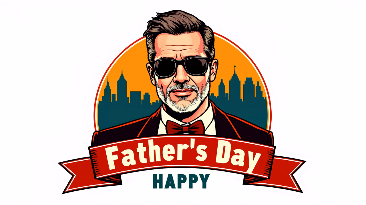 A stylish Father's Day illustration with a vibrant cityscape backdrop and bold colors.