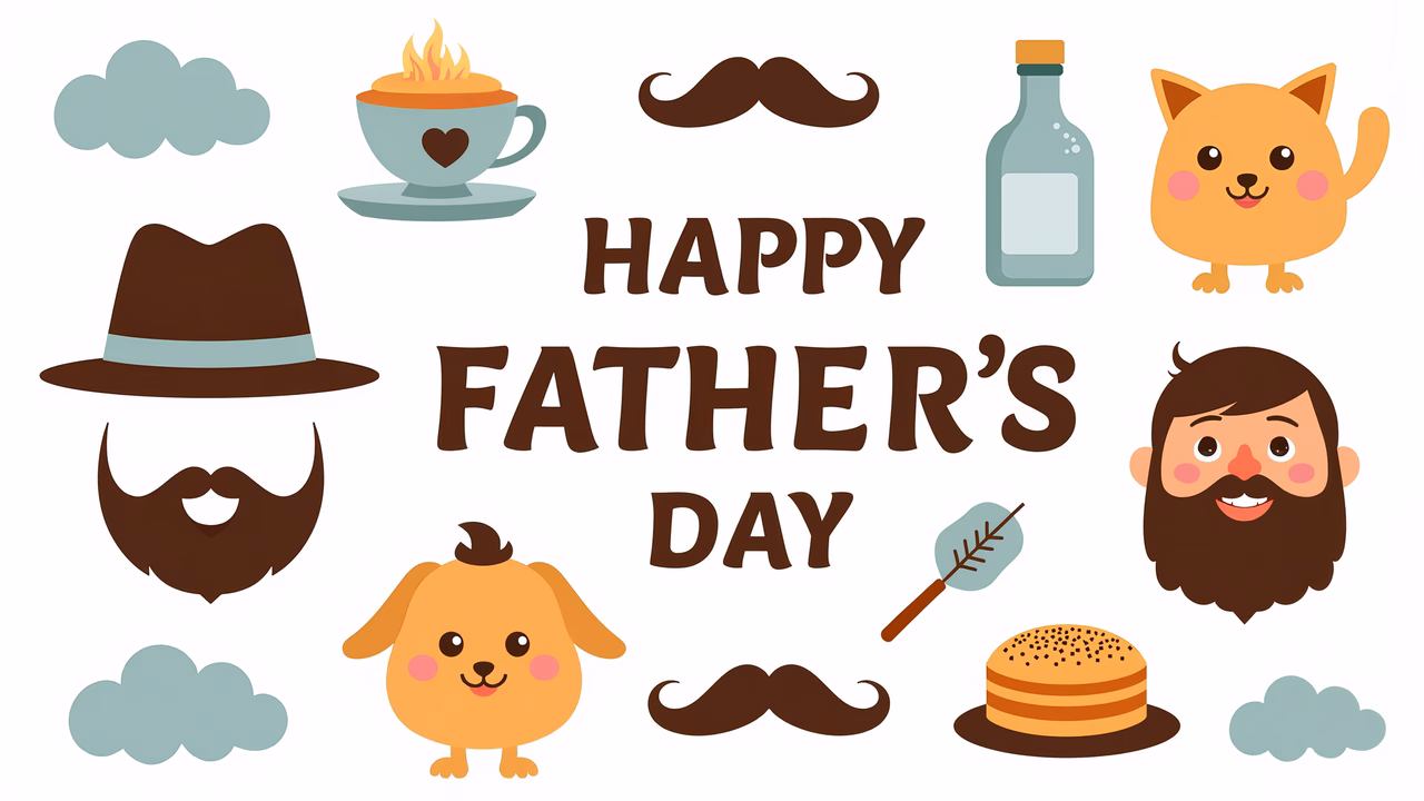 Cute and whimsical Father's Day illustration featuring playful icons and warm colors.