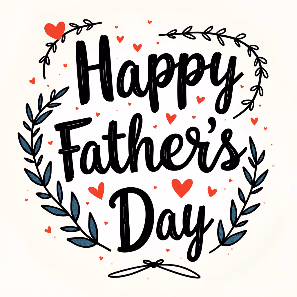 Handwritten text celebrating Father's Day with a festive wreath design.