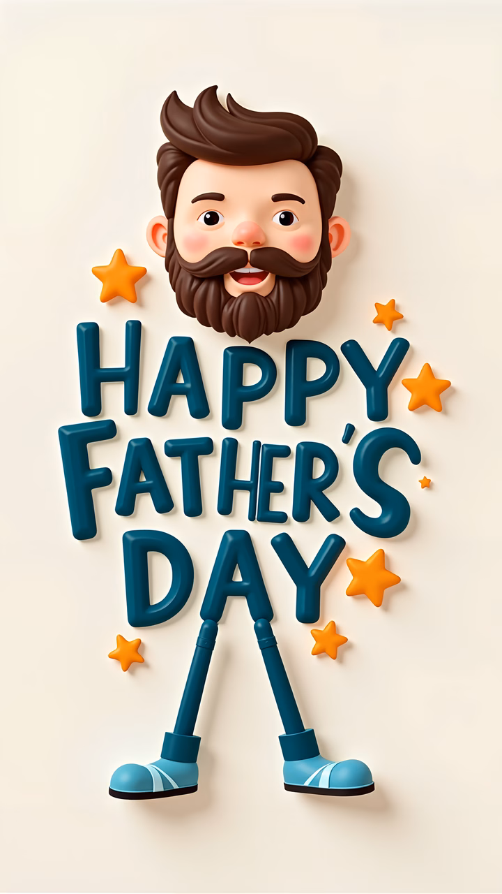 A joyful Father's Day greeting card featuring a bearded father figure and festive stars.
