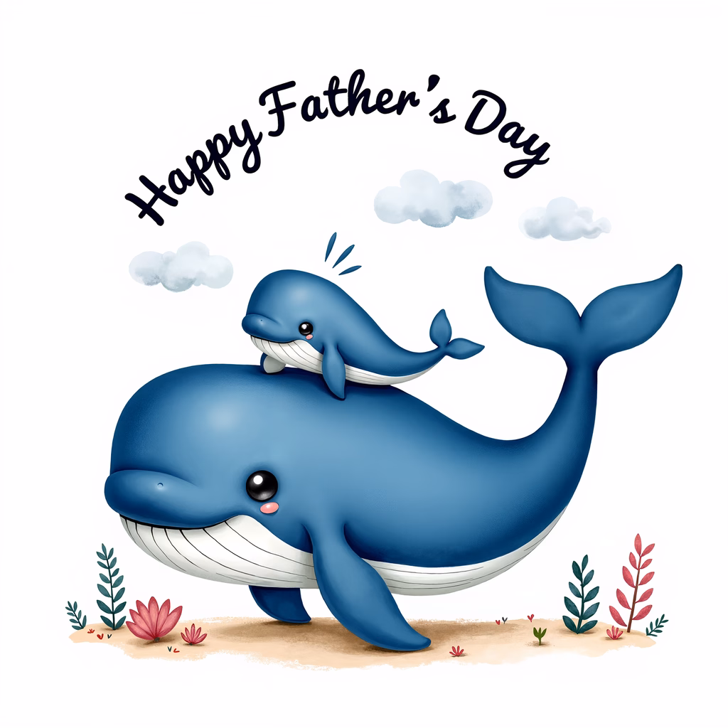 A cute Father's Day card featuring two whales in a playful scene with a soft color palette and underwater plants.