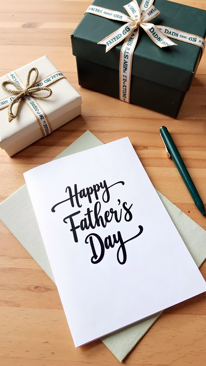 Elegant Father’s Day card with gifts and pen on wood.