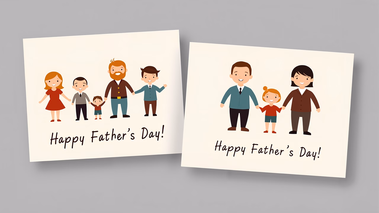 Father’s Day greeting cards featuring families holding hands, warm colors, and a joyful tone.
