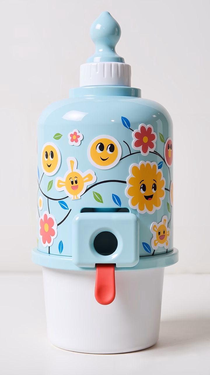 Brightly colored juicer with smiling faces, perfect for kids!