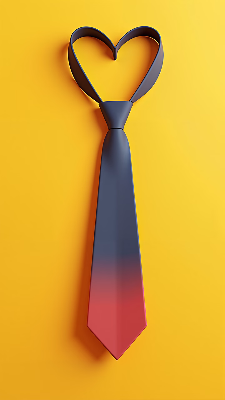 Heart-shaped tie on yellow background, symbolizing love and elegance.