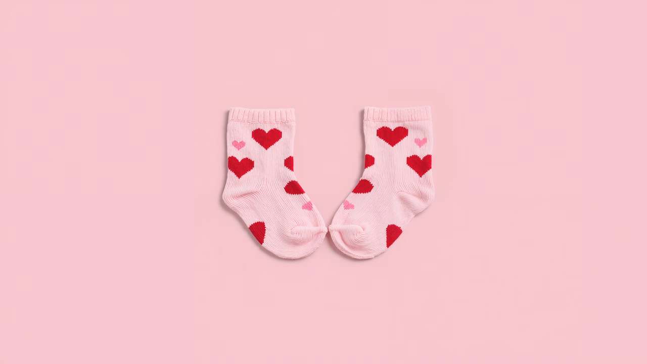 Pink socks with red hearts on a pink background, symbolizing love and innocence.