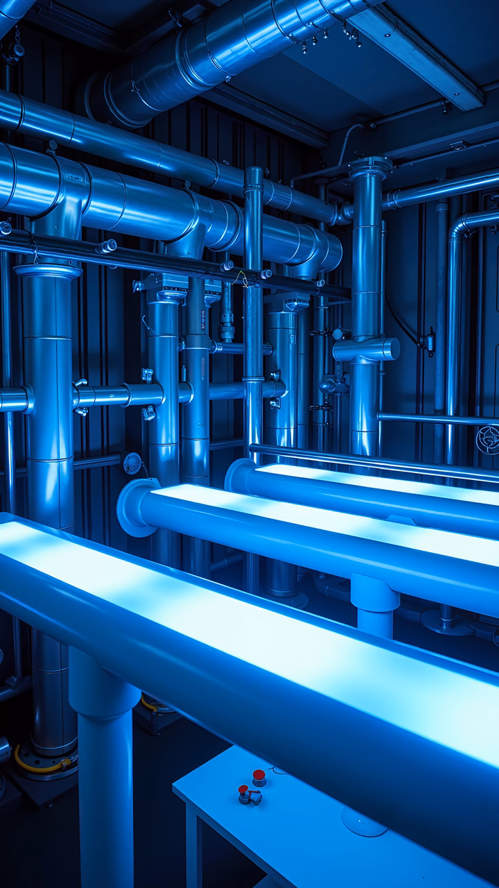 A detailed view of blue pipes in a dimly lit industrial setting, emphasizing precision and modernity.