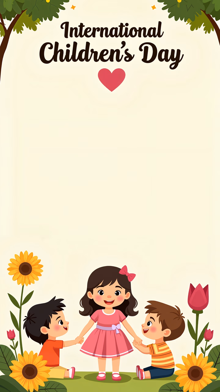 Happy children celebrating International Children's Day surrounded by colorful flowers.