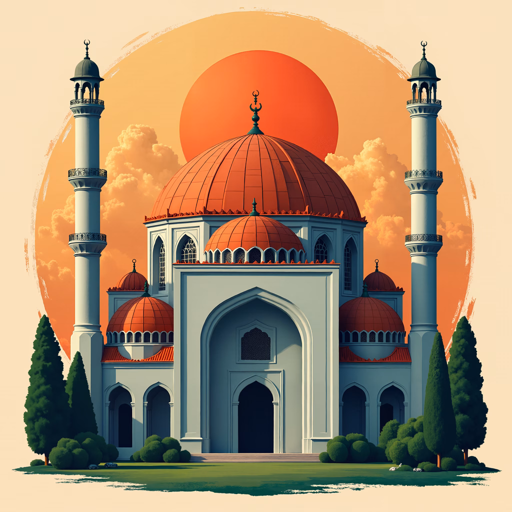 A tranquil Islamic mosque illuminated by a setting sun, showcasing intricate architecture and vibrant colors.