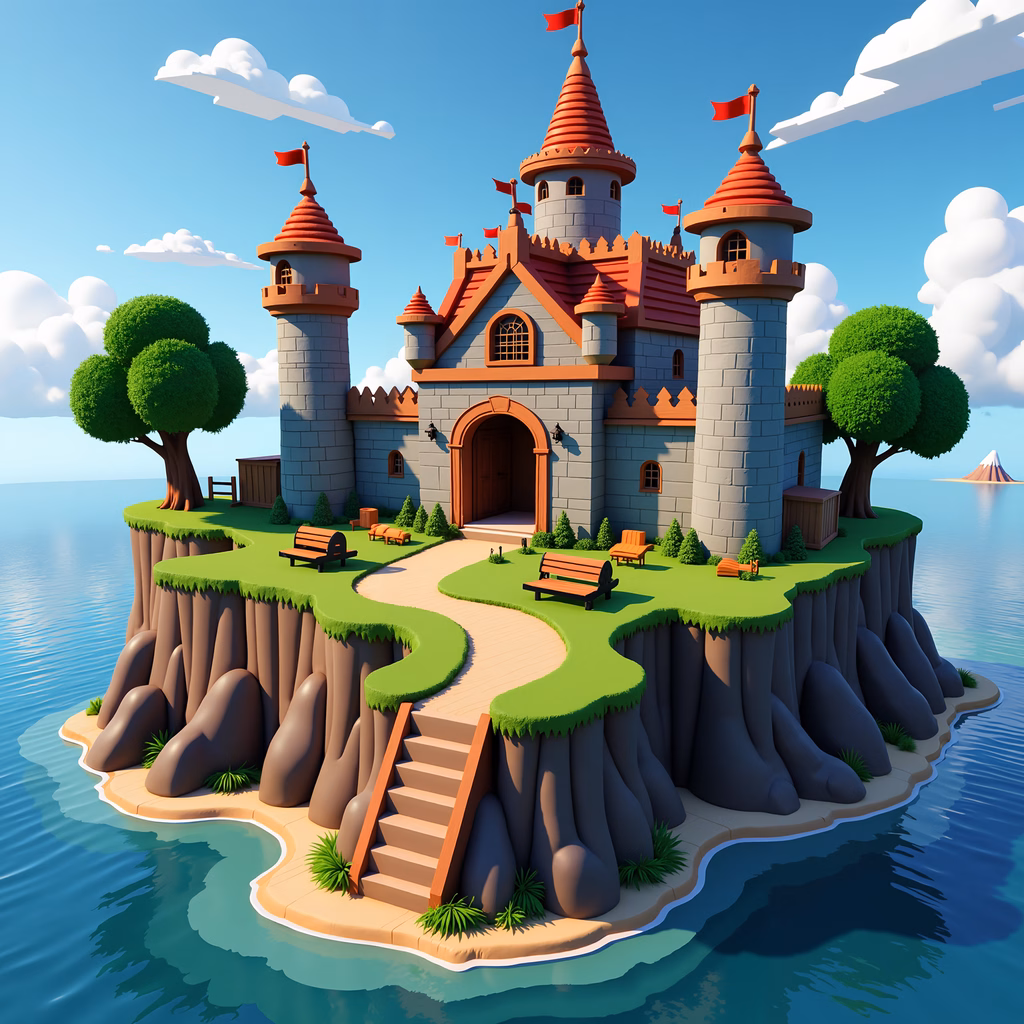 Whimsical cartoon castle on a peaceful island