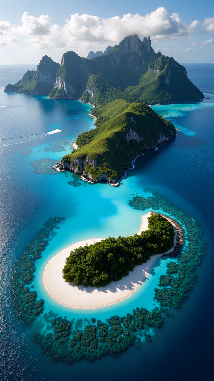 Aerial view of a tropical paradise with turquoise waters and lush greenery.