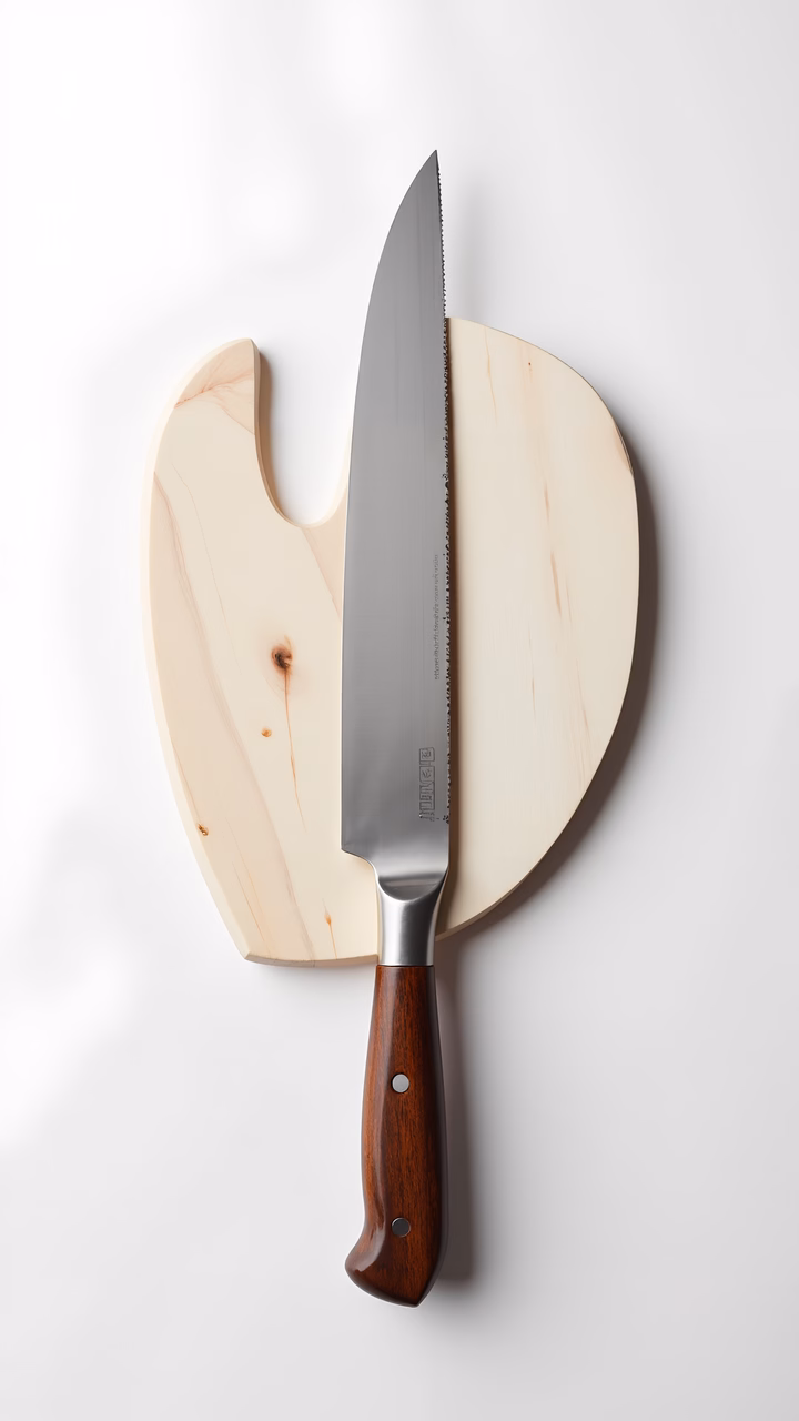 Minimalistic kitchenware photography featuring a knife and cutting board.